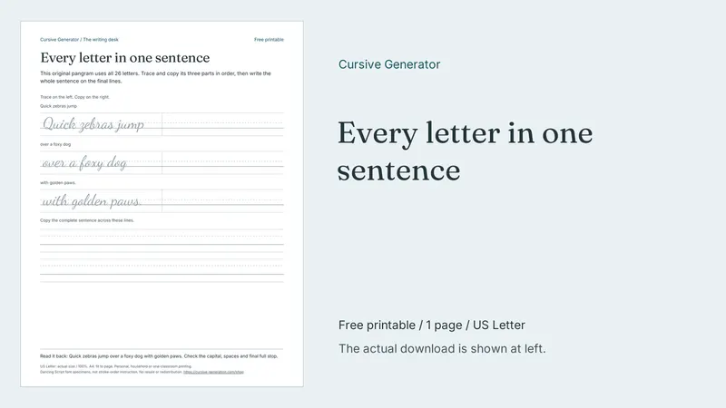 Every letter in one sentence - Free Printable: printable page preview