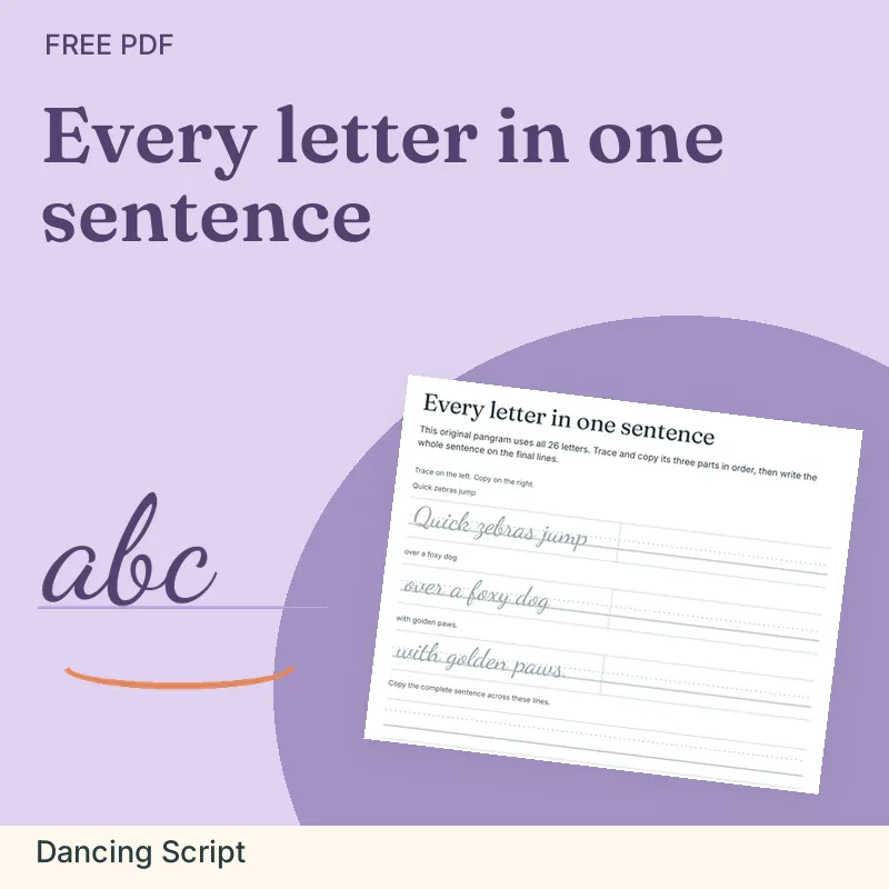 Every letter in one sentence, Dancing Script: illustrated preview with actual page excerpt