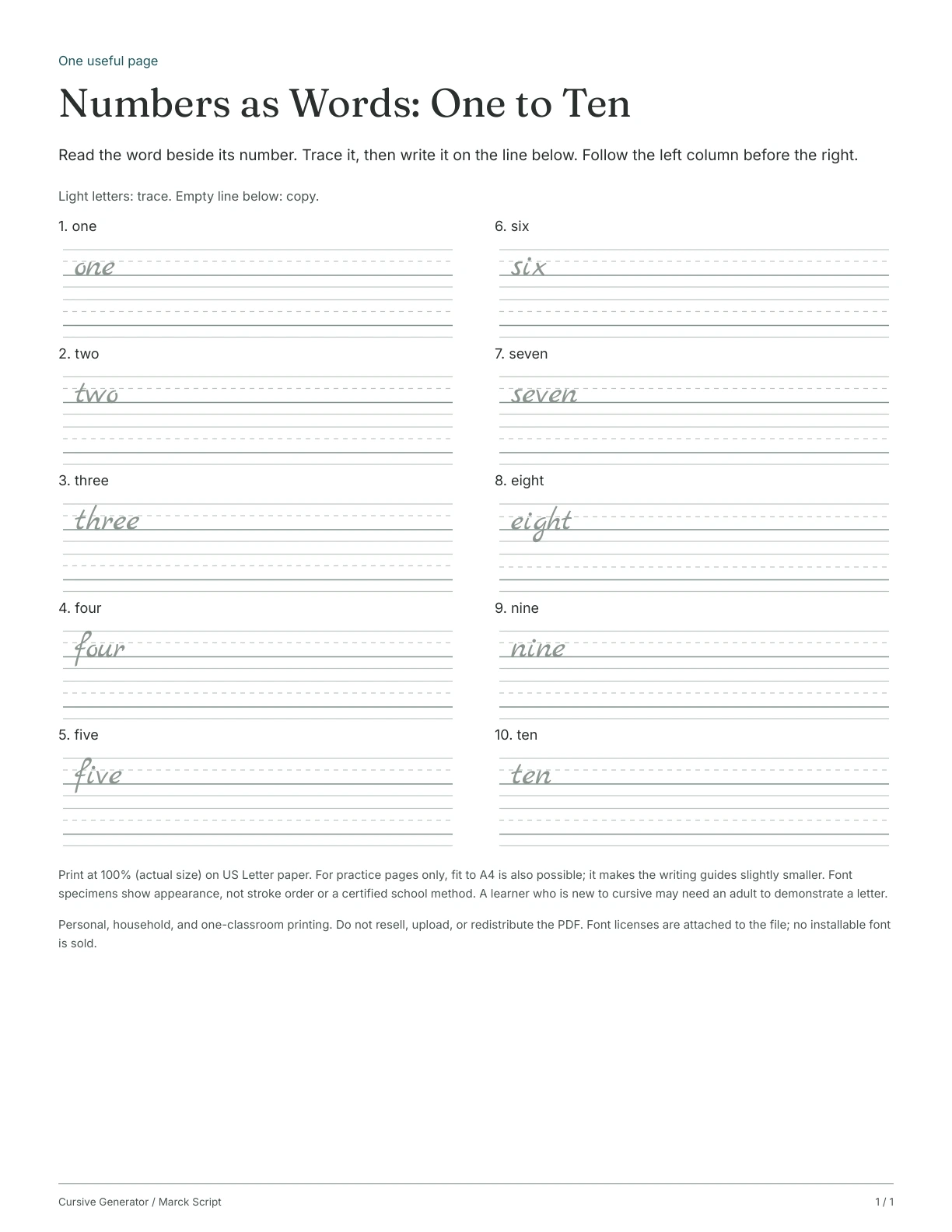 Page 1: Numbers as Words: One to Ten