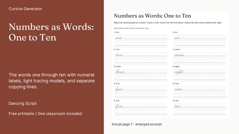 Numbers as Words: One to Ten: actual page excerpt