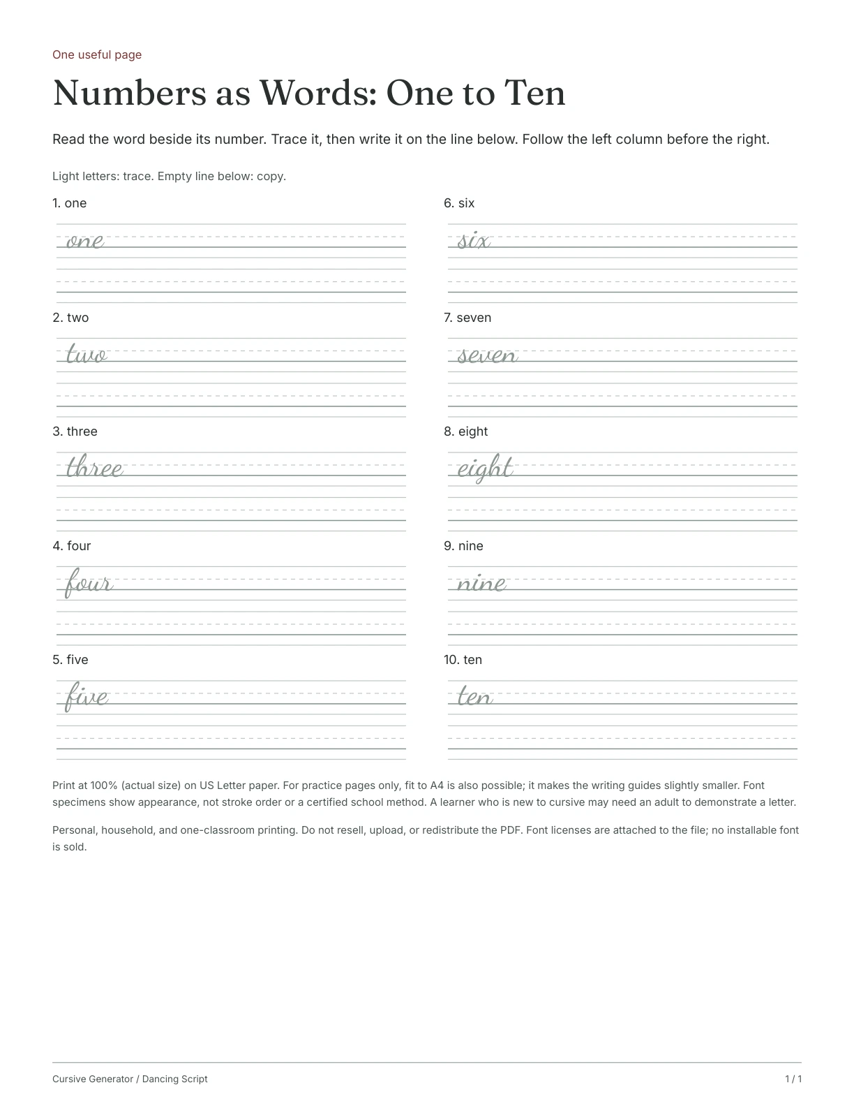 Page 1: Numbers as Words: One to Ten