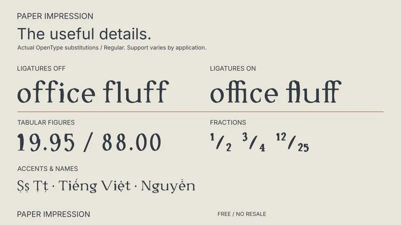 Paper Impression: examples of included font features