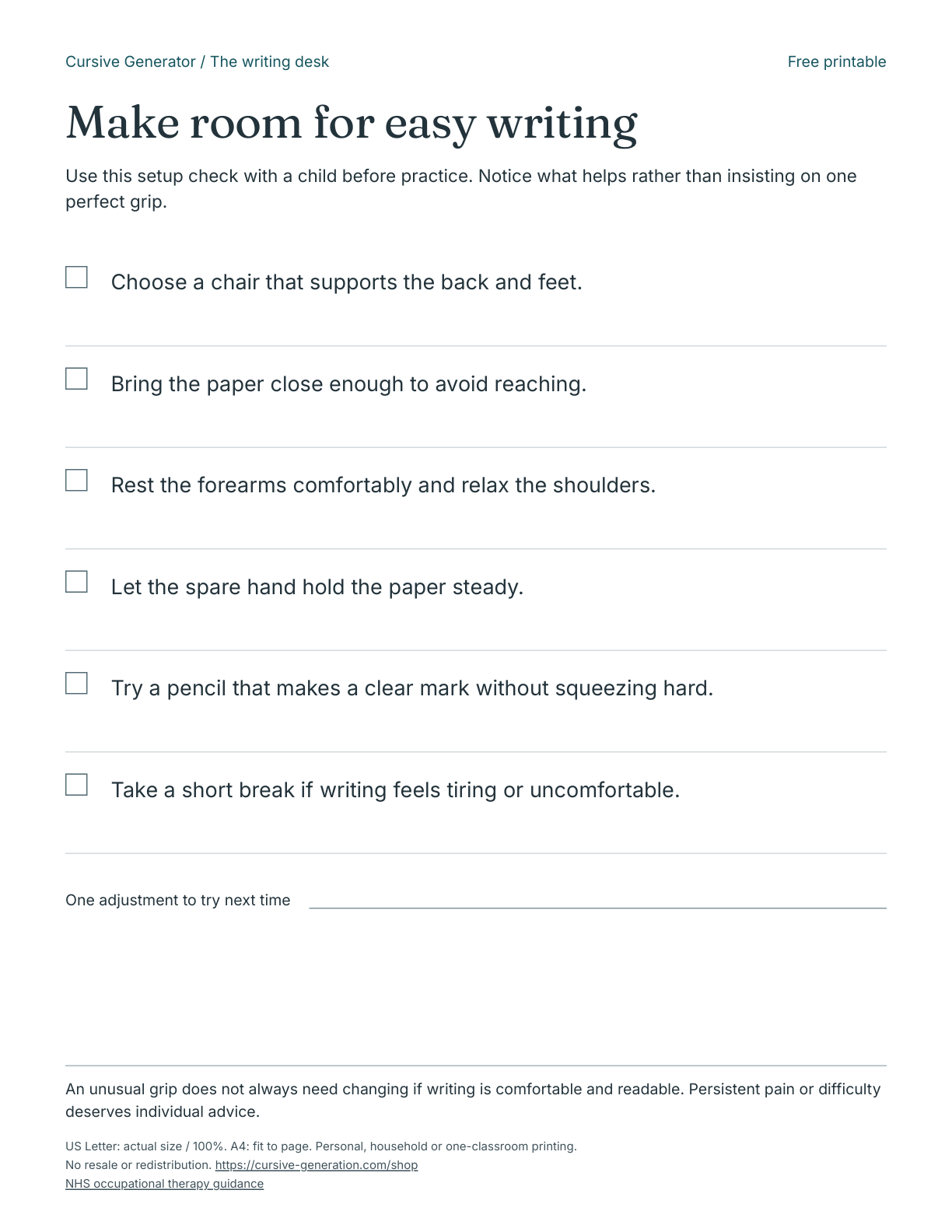Printable page from Make room for easy writing - Free Printable
