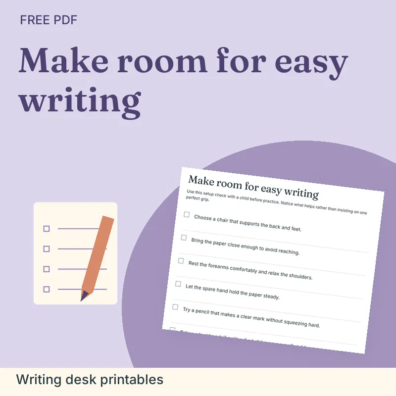 Make room for easy writing, Writing desk printables: illustrated preview with actual page excerpt