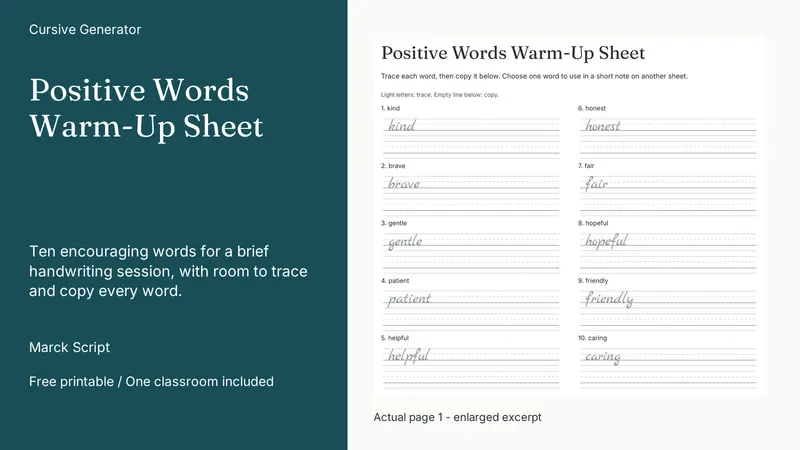 Positive Words Warm-Up Sheet: actual page excerpt