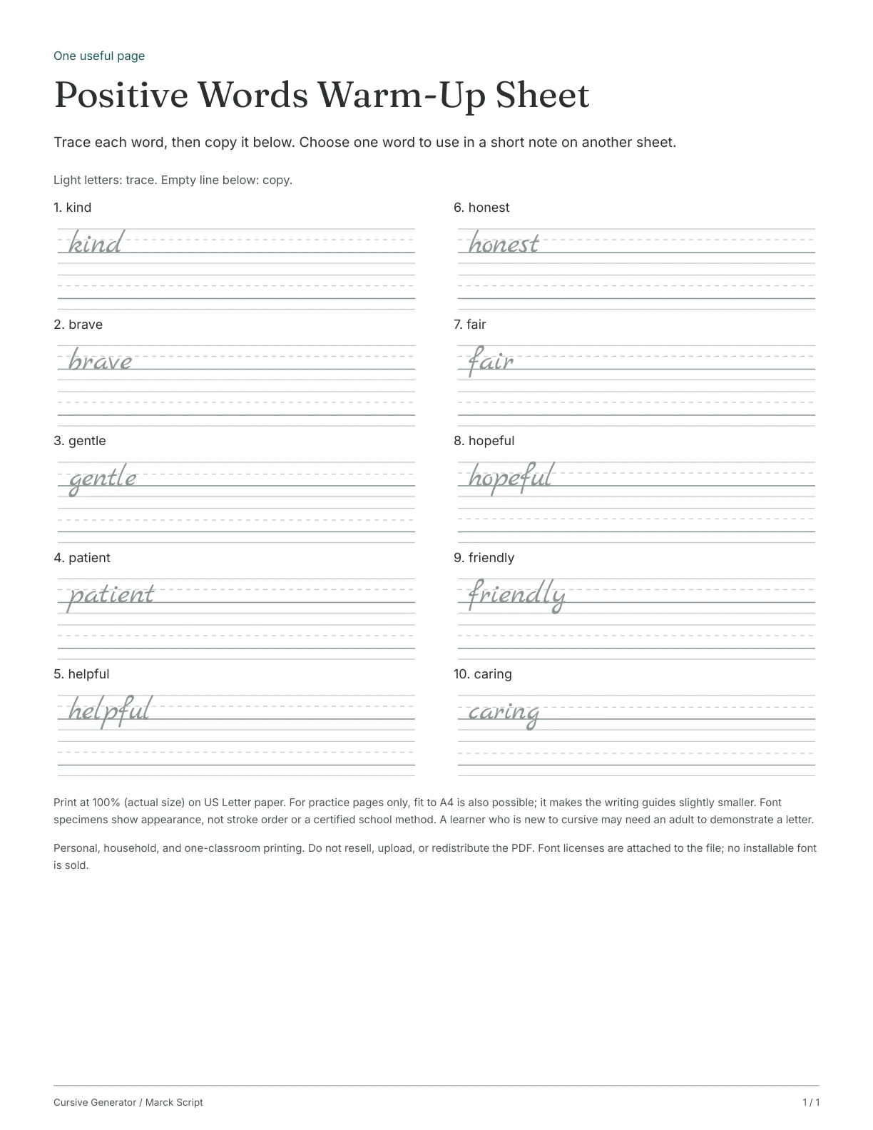 Page 1: Positive Words Warm-Up Sheet