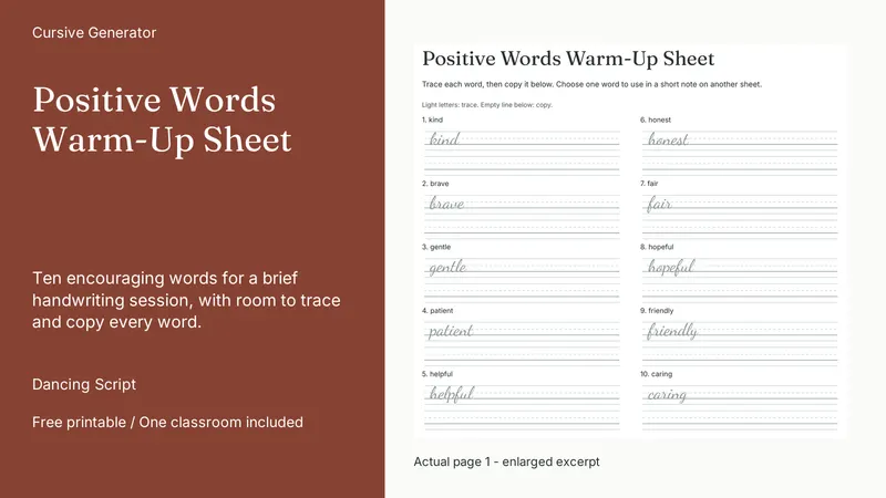 Positive Words Warm-Up Sheet: actual page excerpt