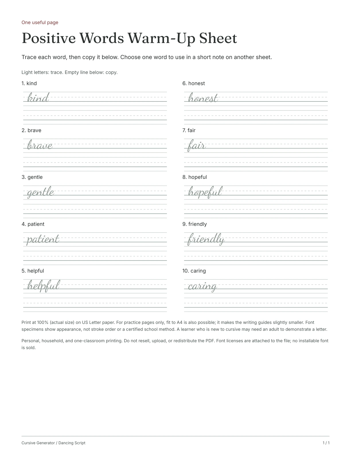 Page 1: Positive Words Warm-Up Sheet