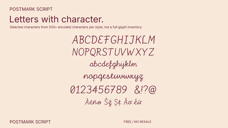Postmark Script: selected supported characters