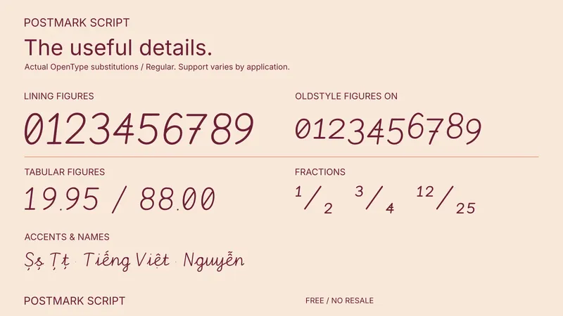 Postmark Script: examples of included font features