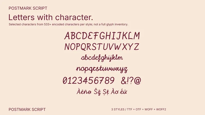 Postmark Script character coverage preview