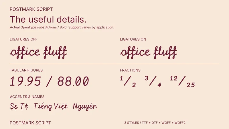 Postmark Script OpenType feature comparison
