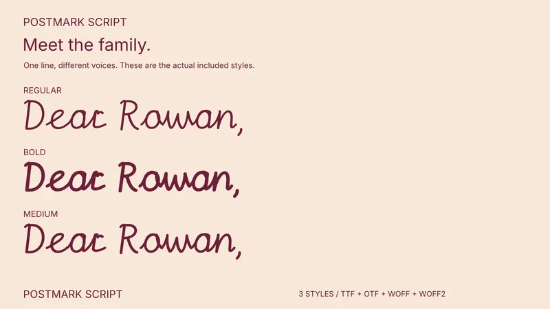 Postmark Script style comparison: Regular, Bold, Medium