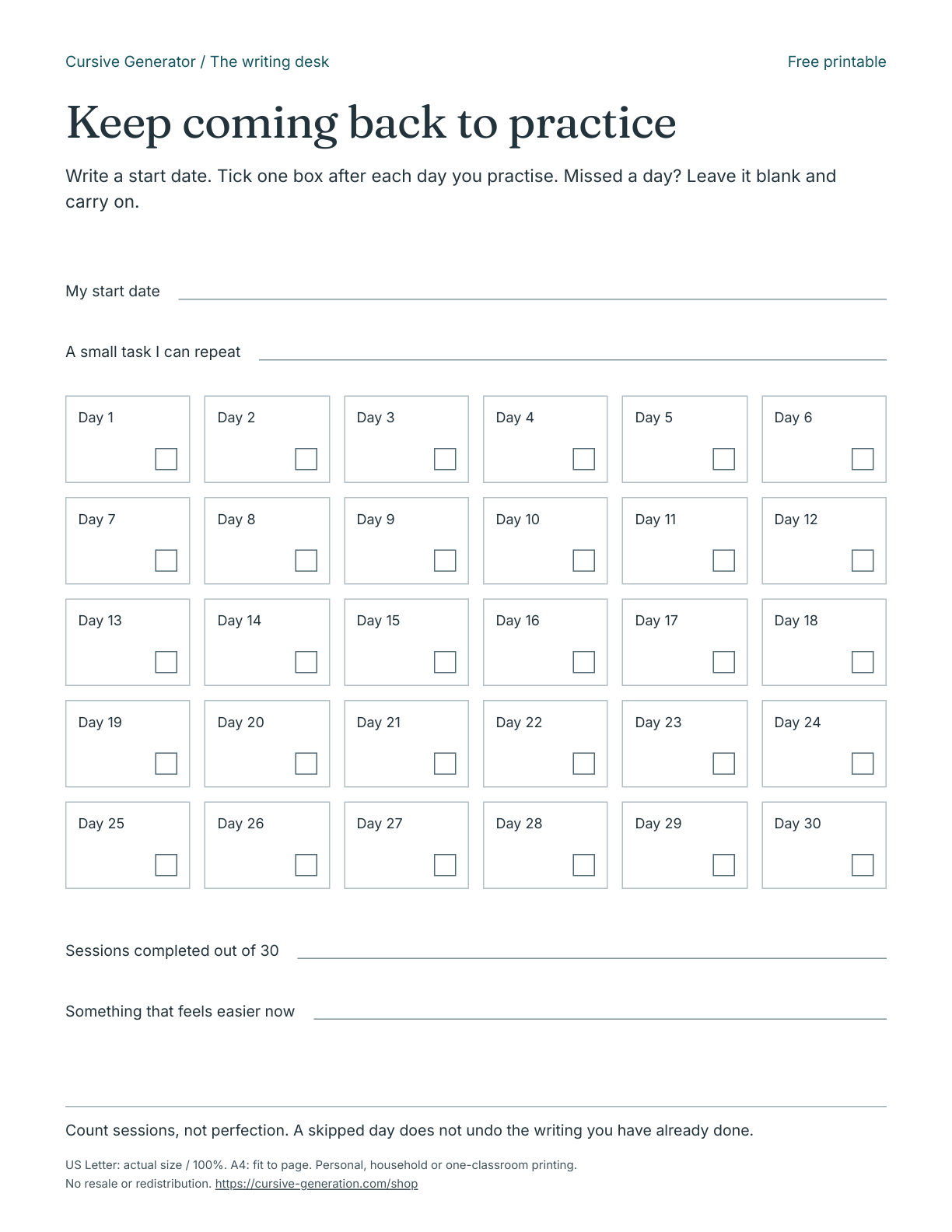 Printable page from Keep coming back to practice - Free Printable