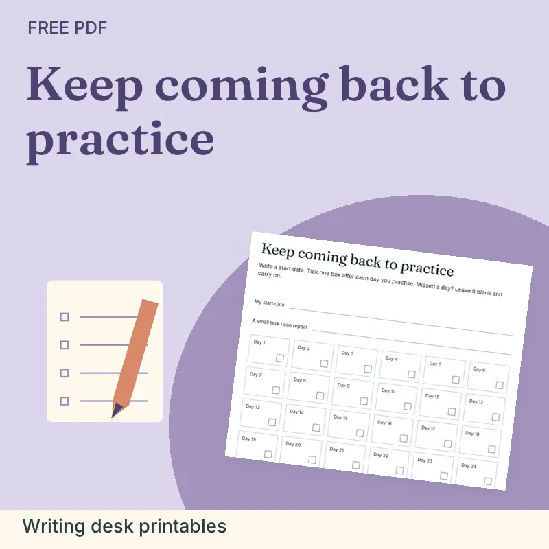 Keep coming back to practice, Writing desk printables: illustrated preview with actual page excerpt