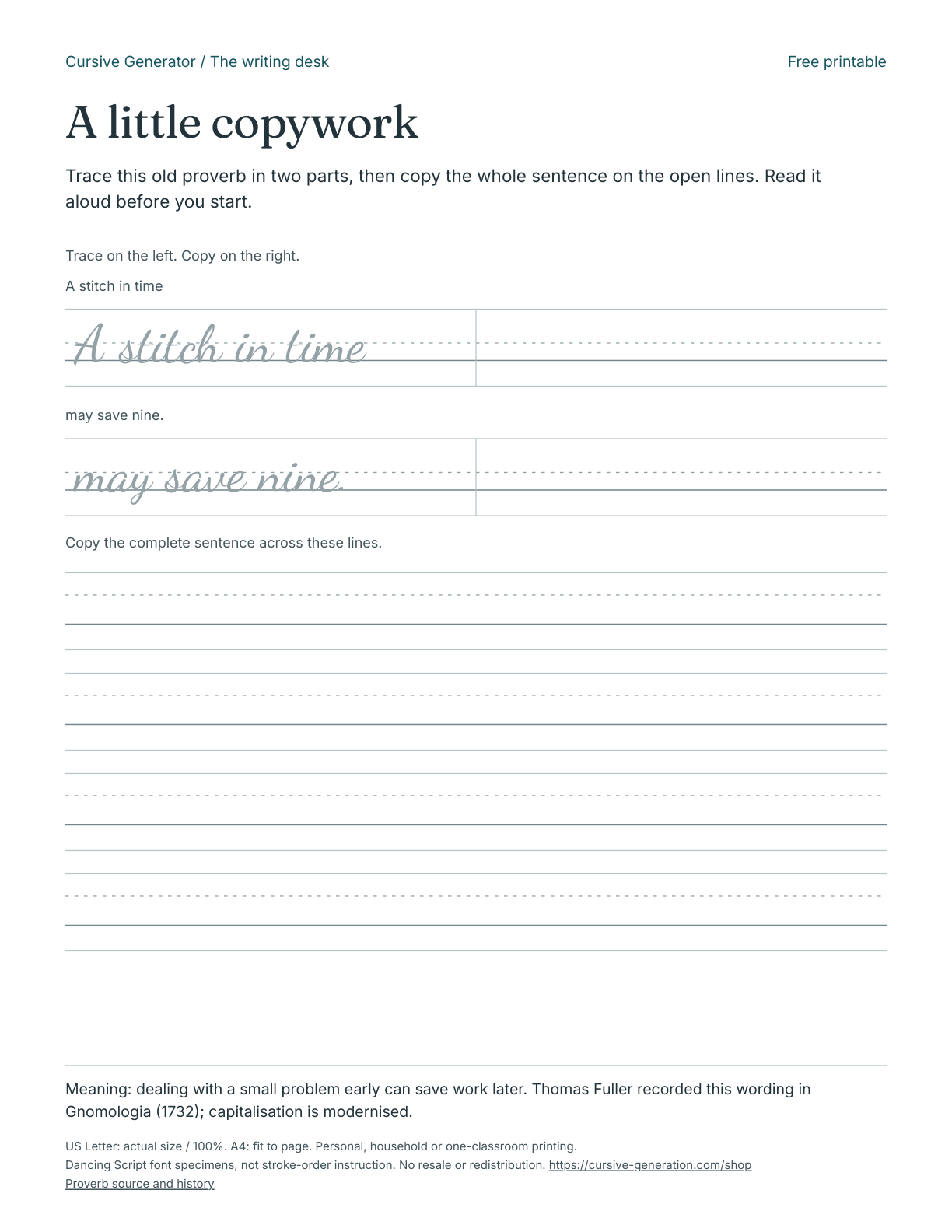 A little copywork - Free Printable: actual PDF cover