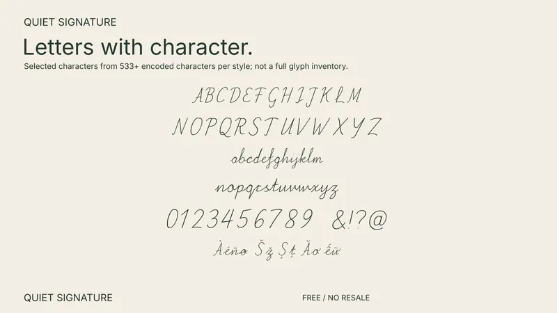 Quiet Signature: selected supported characters