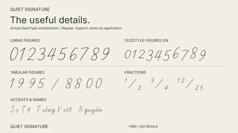 Quiet Signature: examples of included font features