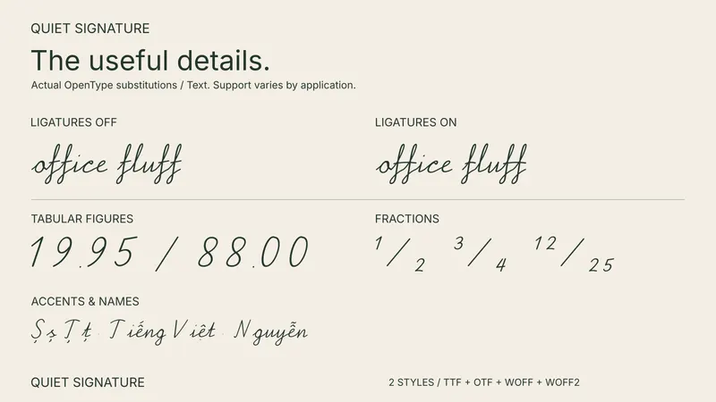 Quiet Signature OpenType feature comparison