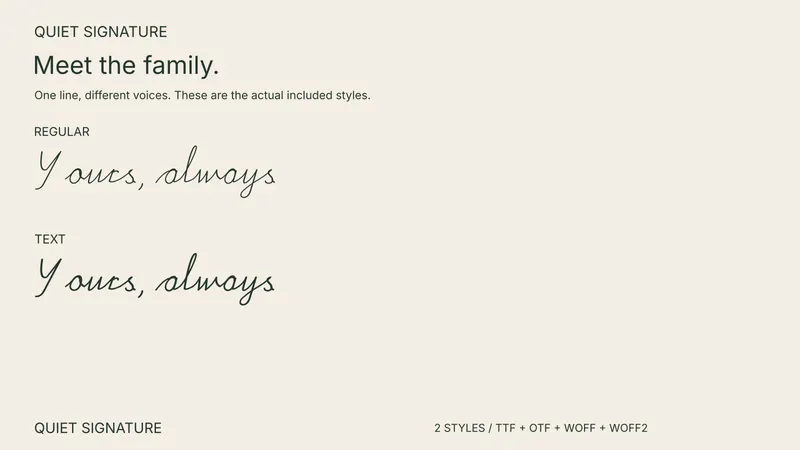 Quiet Signature style comparison: Regular, Text