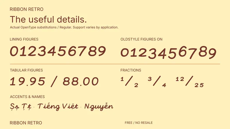 Ribbon Retro: examples of included font features