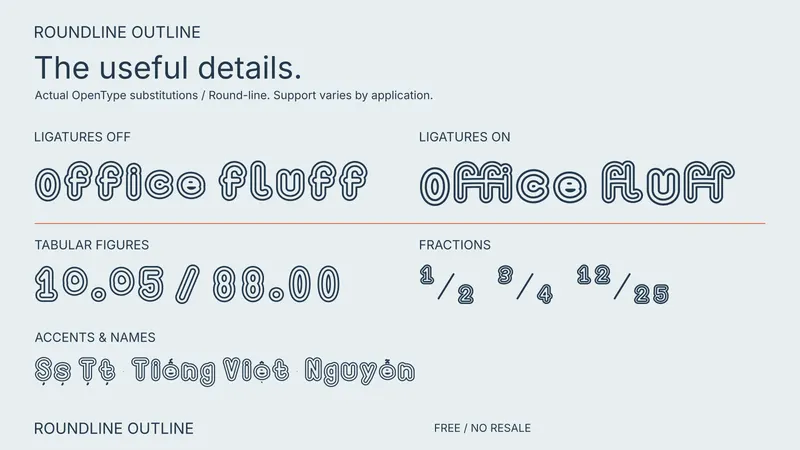 Roundline Outline: examples of included font features