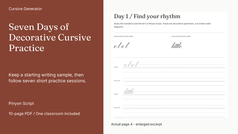 Seven Days of Decorative Cursive Practice: actual page excerpt