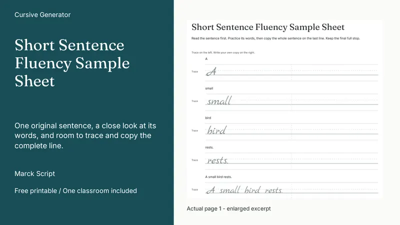 Short Sentence Fluency Sample Sheet: actual page excerpt