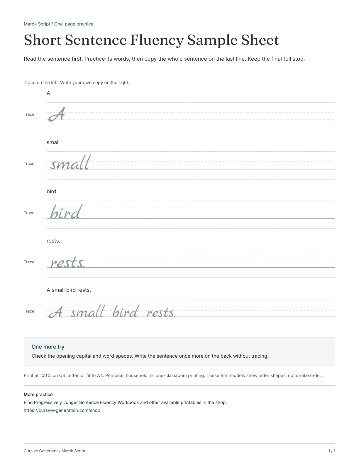Page 1: Short Sentence Fluency Sample Sheet
