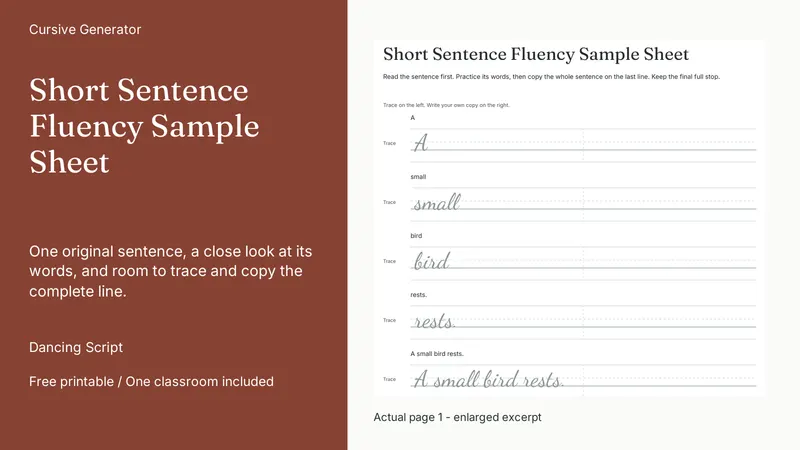 Short Sentence Fluency Sample Sheet: actual page excerpt