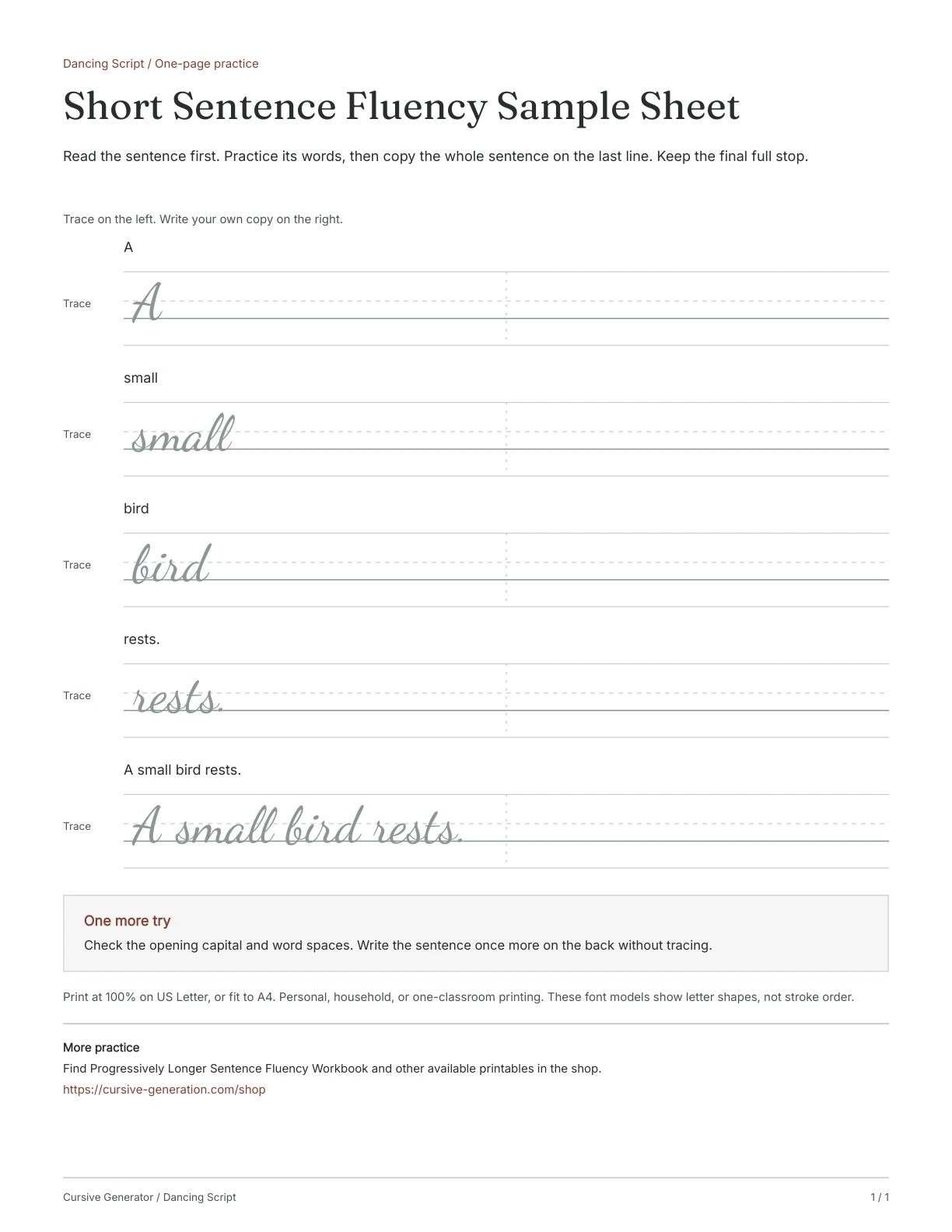 Page 1: Short Sentence Fluency Sample Sheet