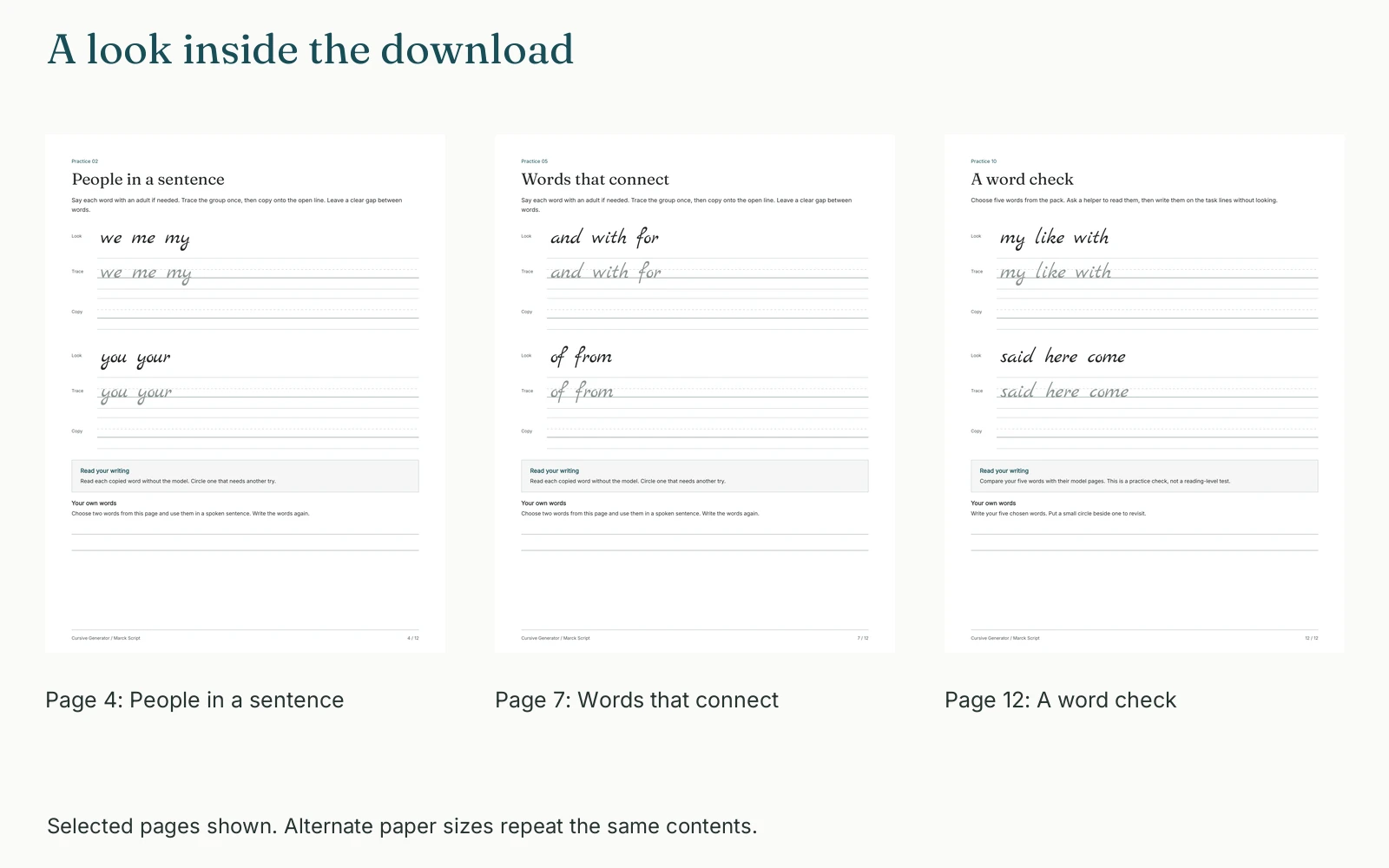 Selected pages and their actual page numbers