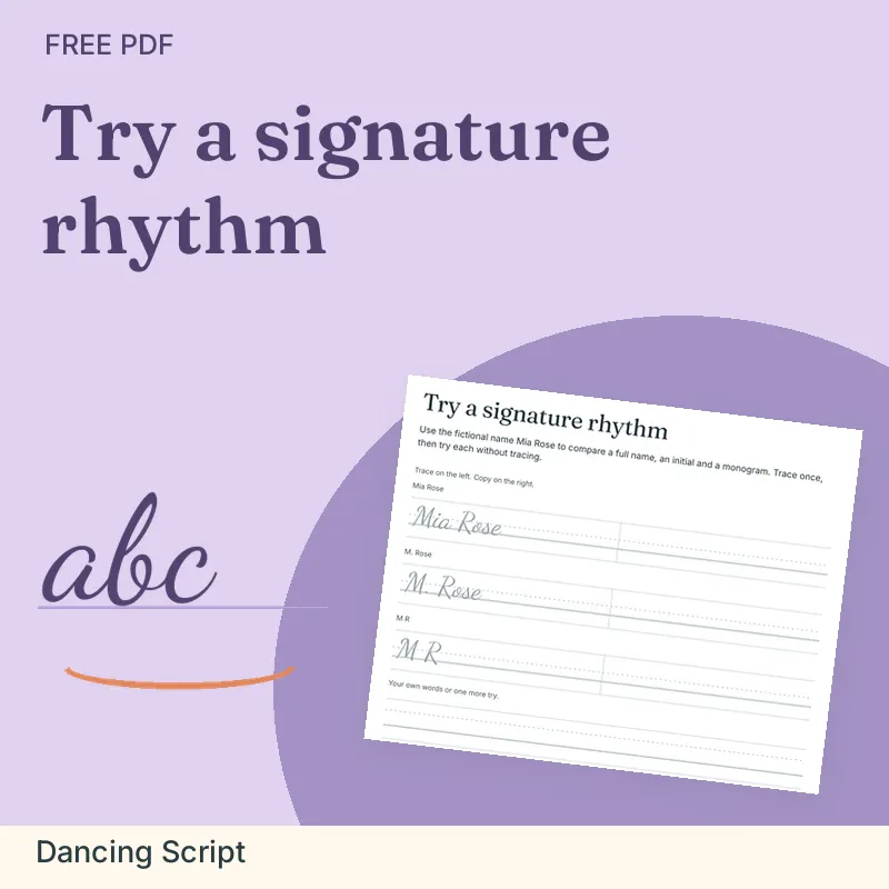 Try a signature rhythm, Dancing Script: illustrated preview with actual page excerpt