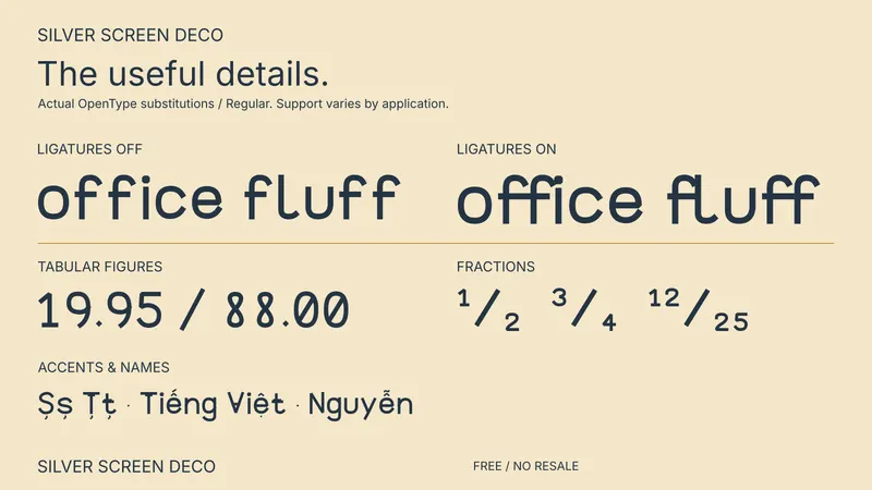 Silver Screen Deco: examples of included font features