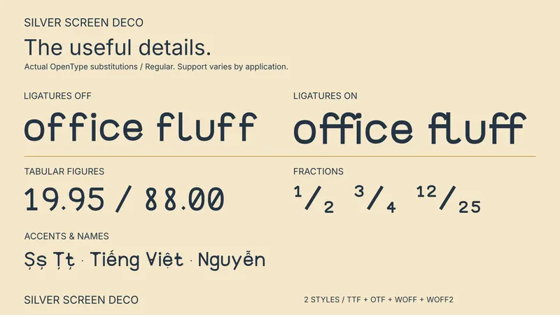 Silver Screen Deco OpenType feature comparison