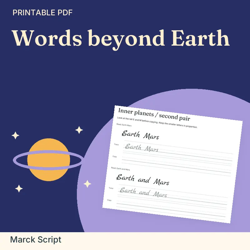 Space & Astronomy Names Tracing Pack, Marck Script: illustrated preview with actual page excerpt