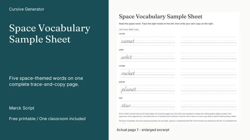 Space Vocabulary Sample Sheet: actual page excerpt