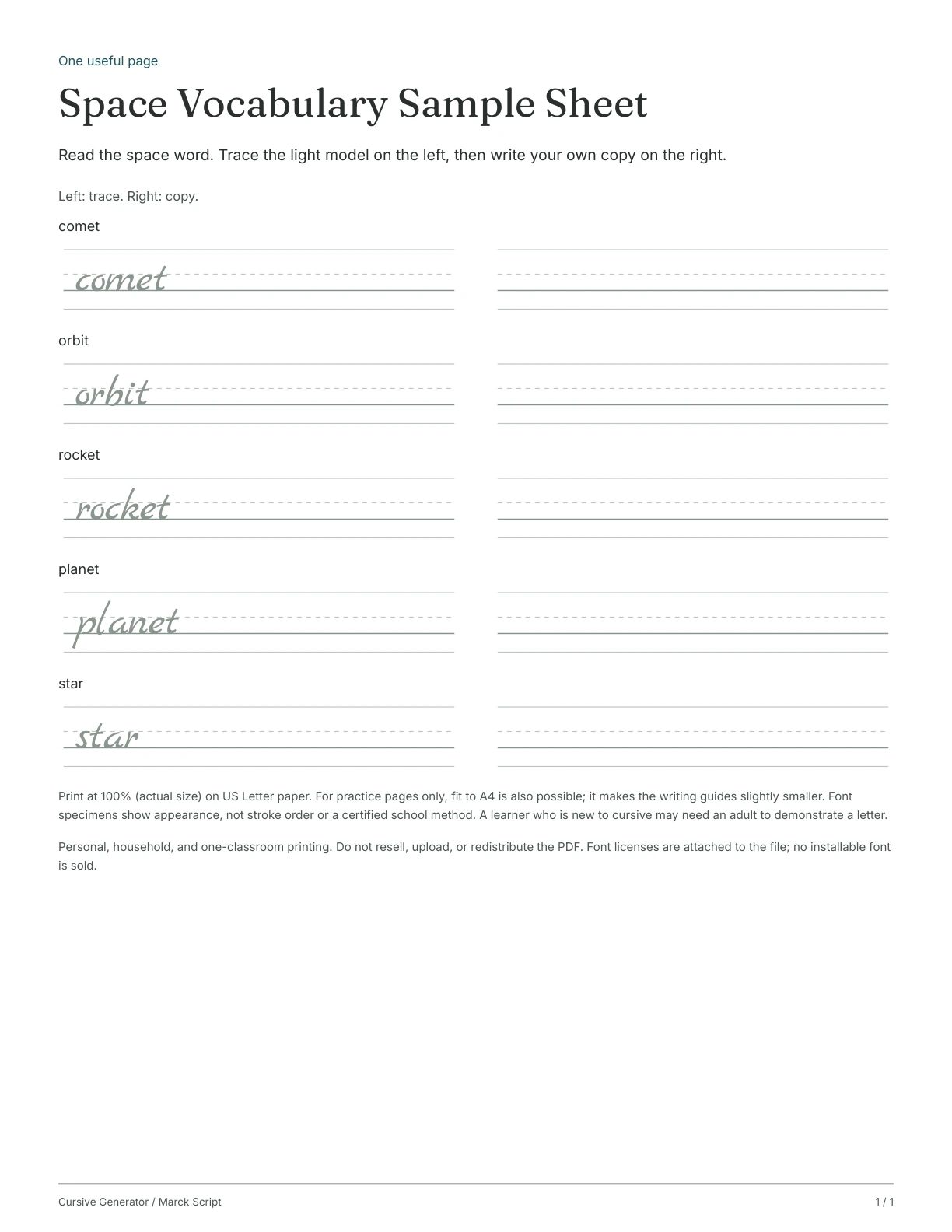 Page 1: Space Vocabulary Sample Sheet