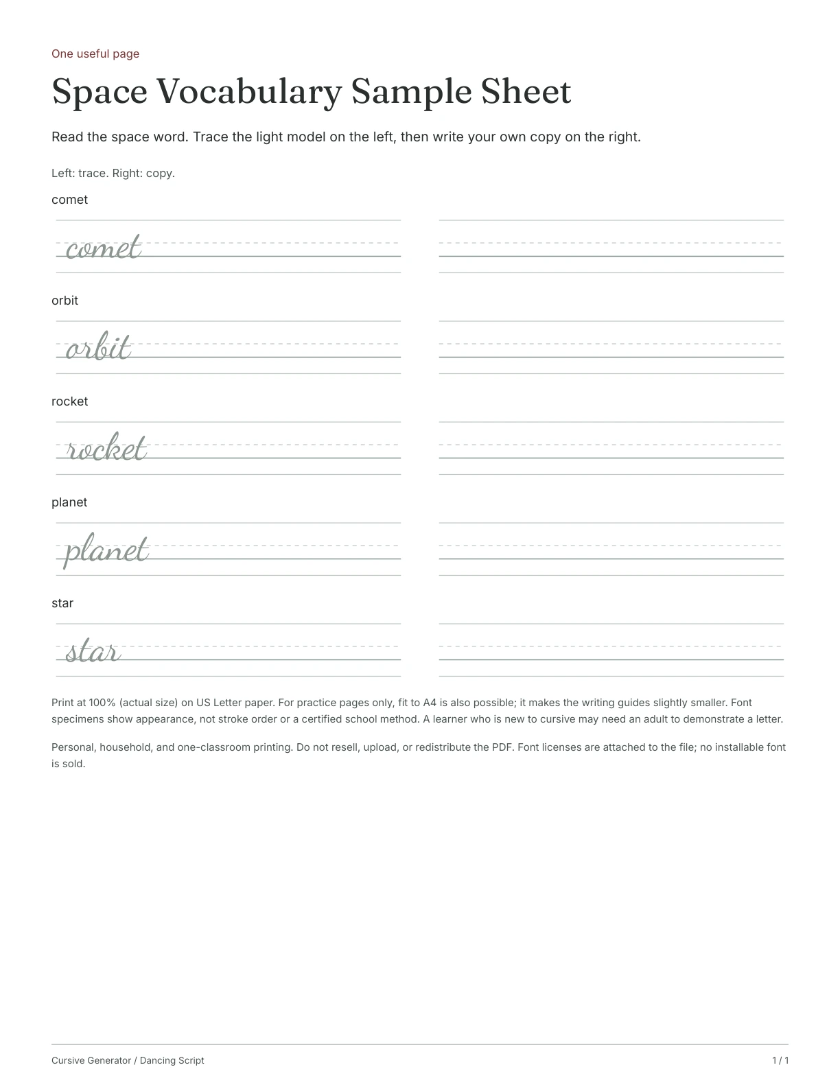 Page 1: Space Vocabulary Sample Sheet
