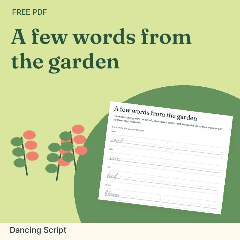 A few words from the garden, Dancing Script: illustrated preview with actual page excerpt