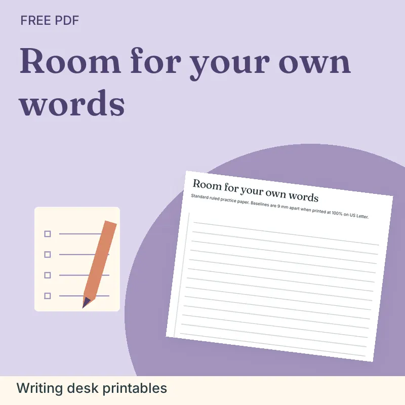 Room for your own words, Writing desk printables: illustrated preview with actual page excerpt