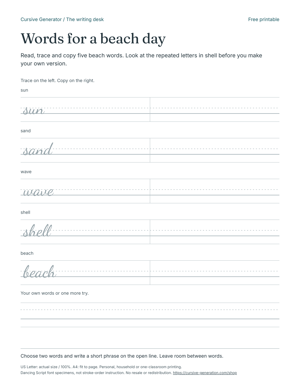 Printable page from Words for a beach day - Free Printable
