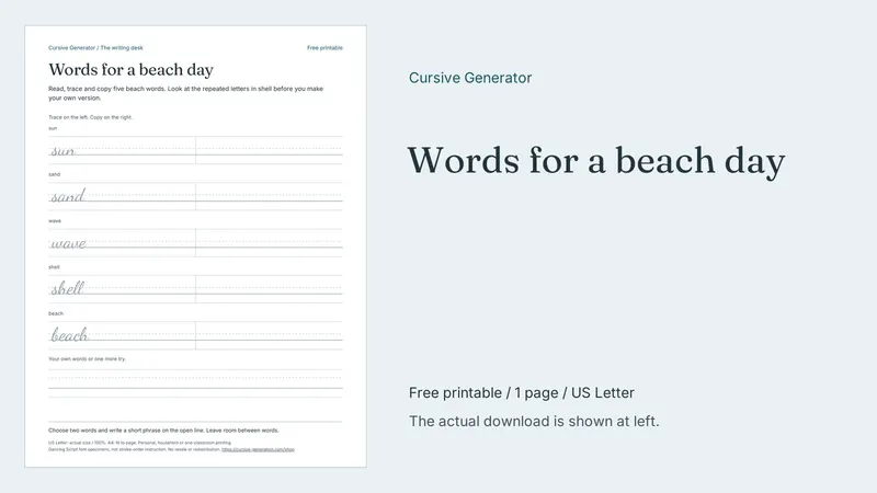 Words for a beach day - Free Printable: printable page preview