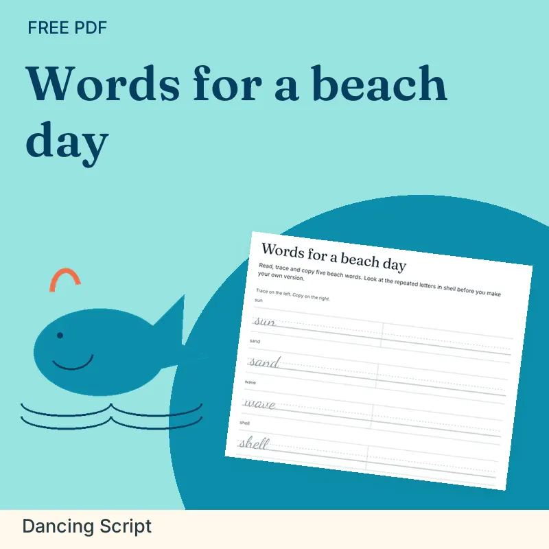 Words for a beach day, Dancing Script: illustrated preview with actual page excerpt