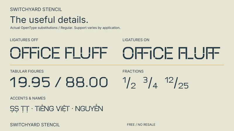 Switchyard Stencil: examples of included font features