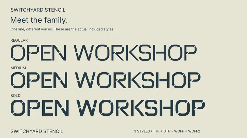 Switchyard Stencil style comparison: Regular, Medium, Bold