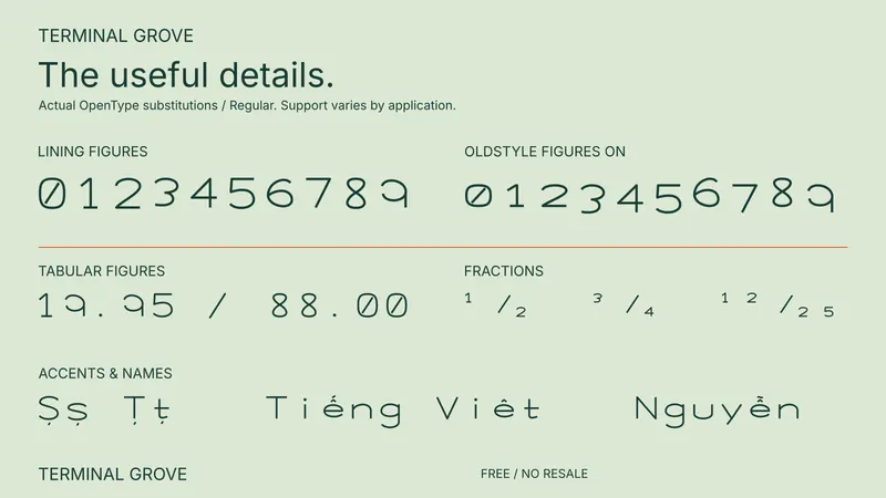 Terminal Grove: examples of included font features
