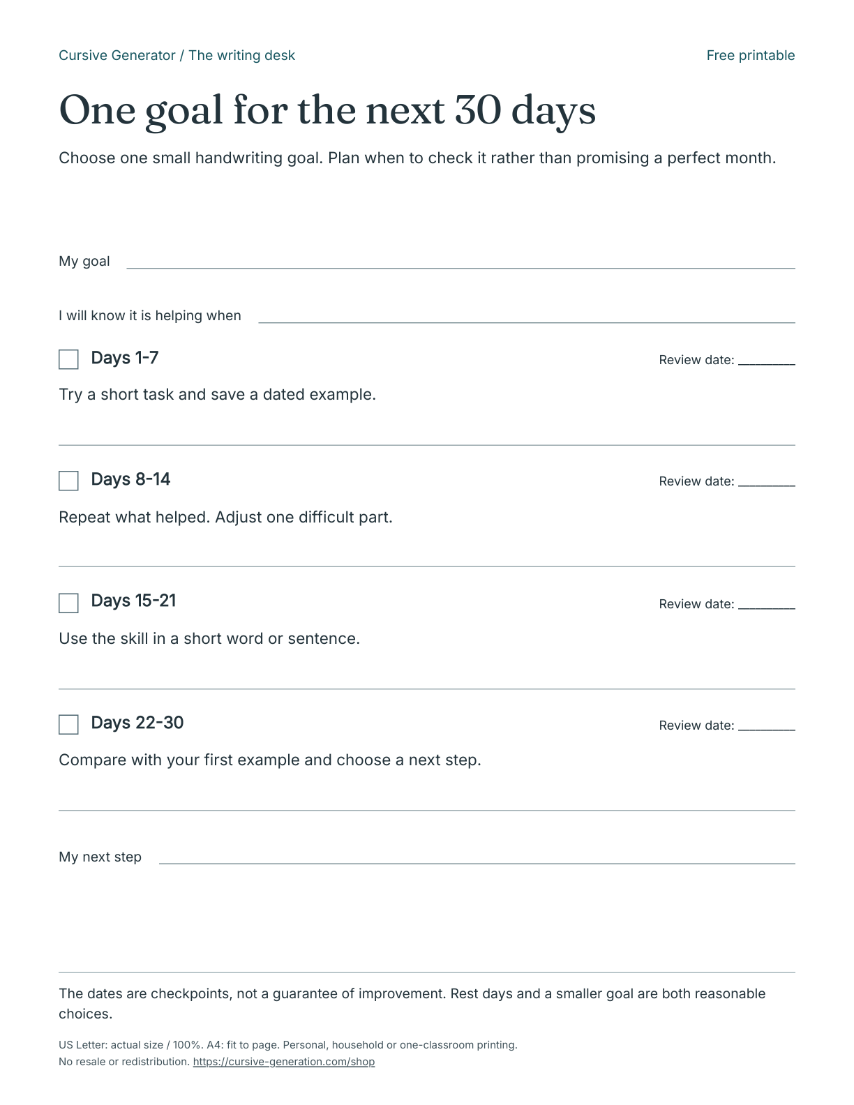 One goal for the next 30 days - Free Printable: actual PDF cover