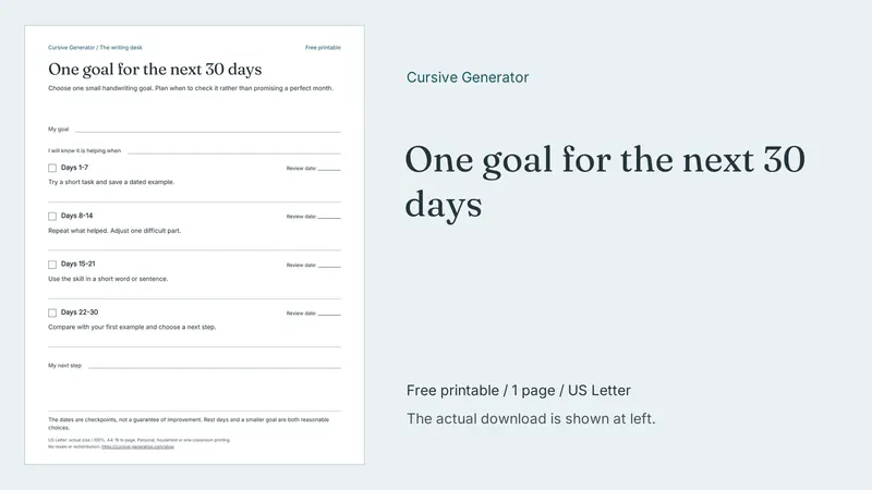 One goal for the next 30 days - Free Printable: printable page preview