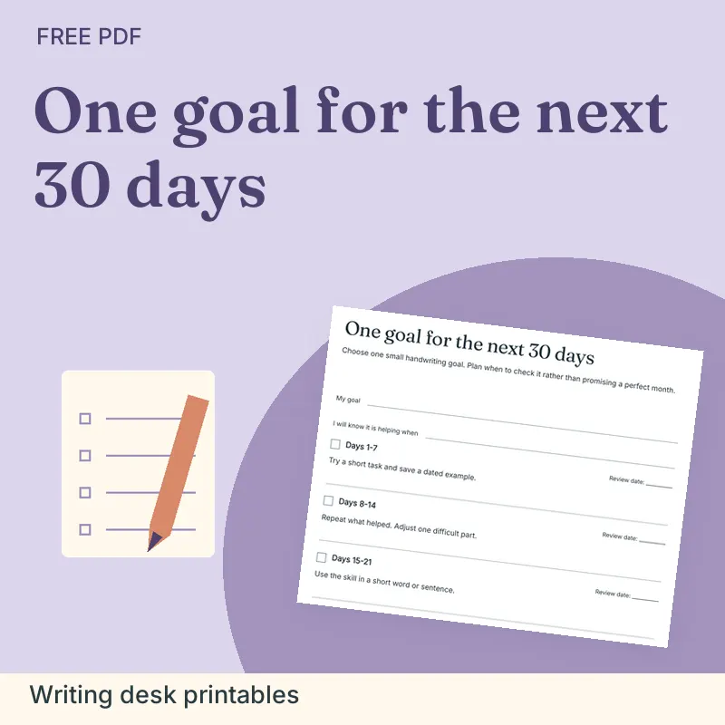 One goal for the next 30 days, Writing desk printables: illustrated preview with actual page excerpt